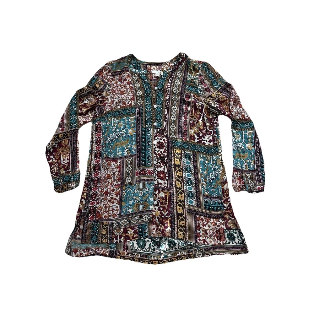 J. Jill Tunic Patchwork Top Womens Small Button Front Art to Wear Bohemian Artsy